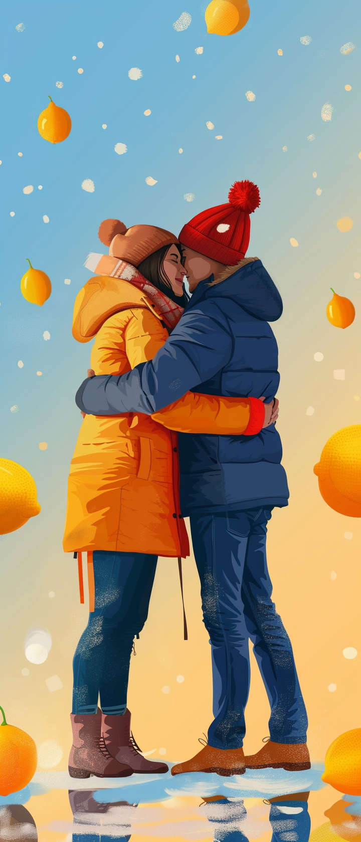 Couple Hugging Among Lemons on Blue Gradient