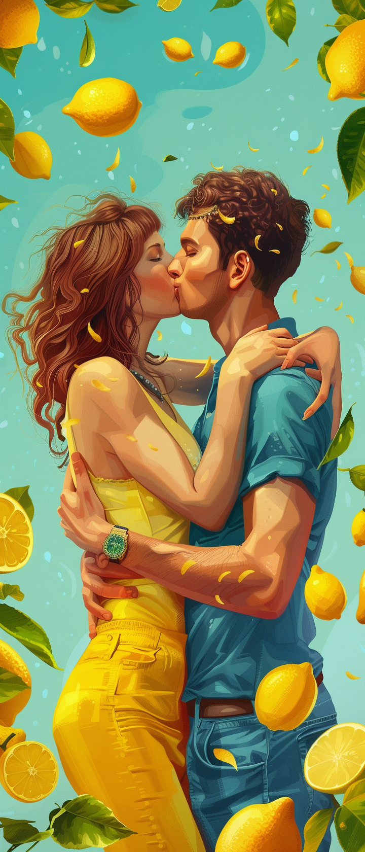 Couple Hugging with Lemons on Blue Background