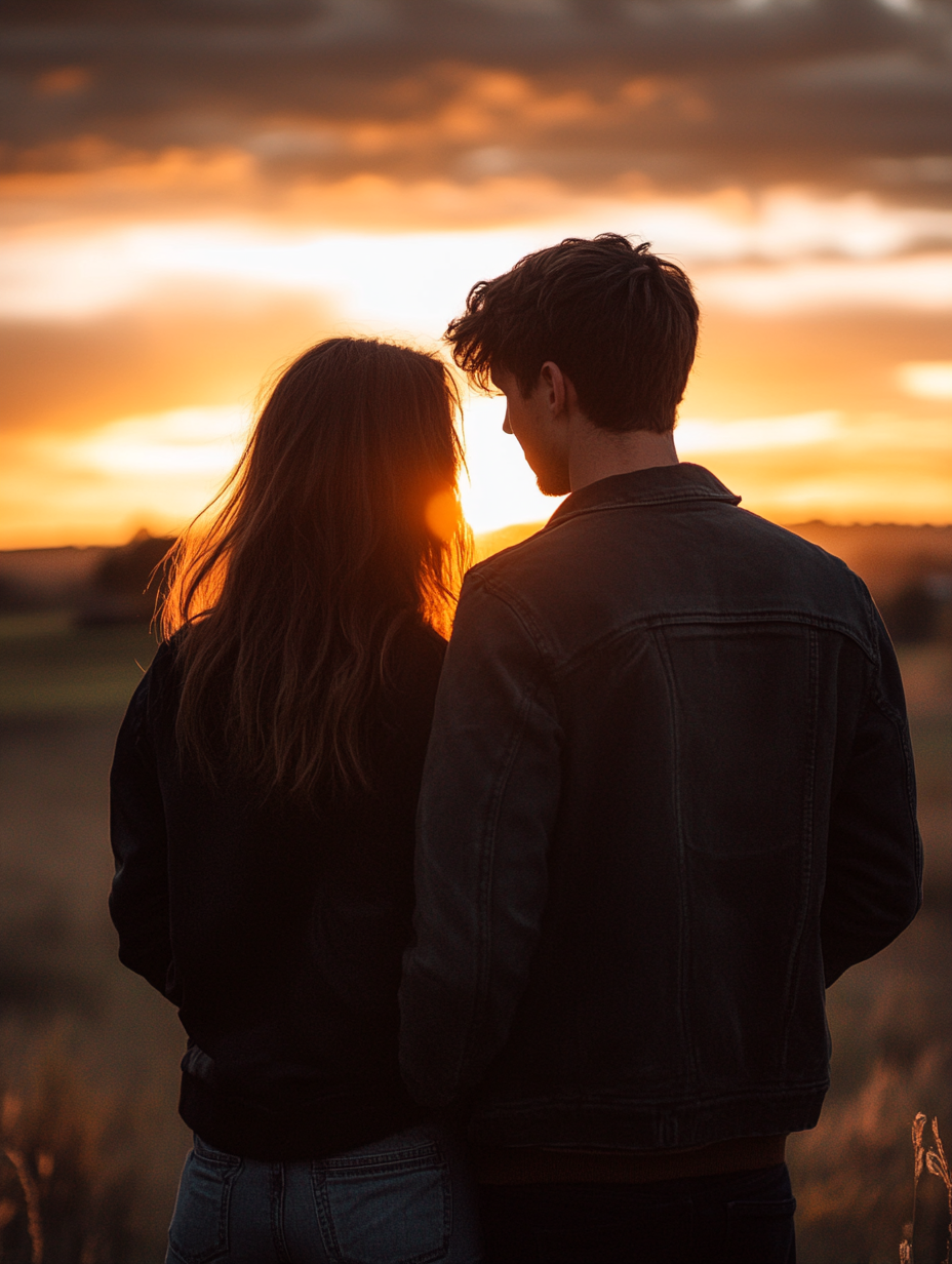 couple in 30s standing in front of sunset