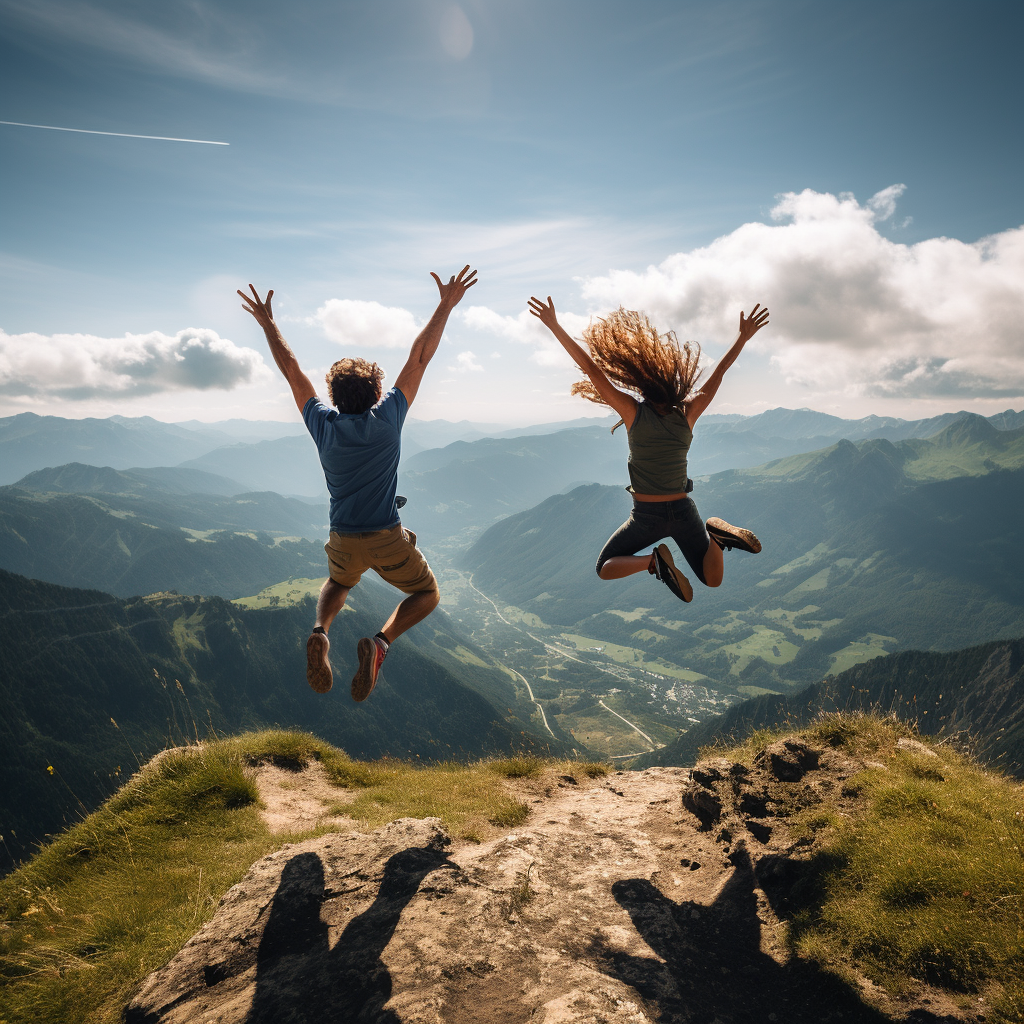 Couple Jumping on Mountain