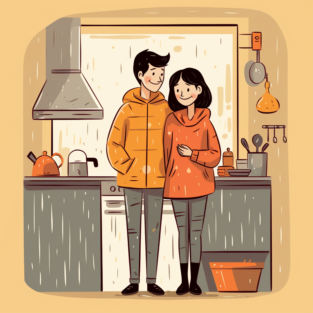 Couple cooking comfort-food in the kitchen during rain