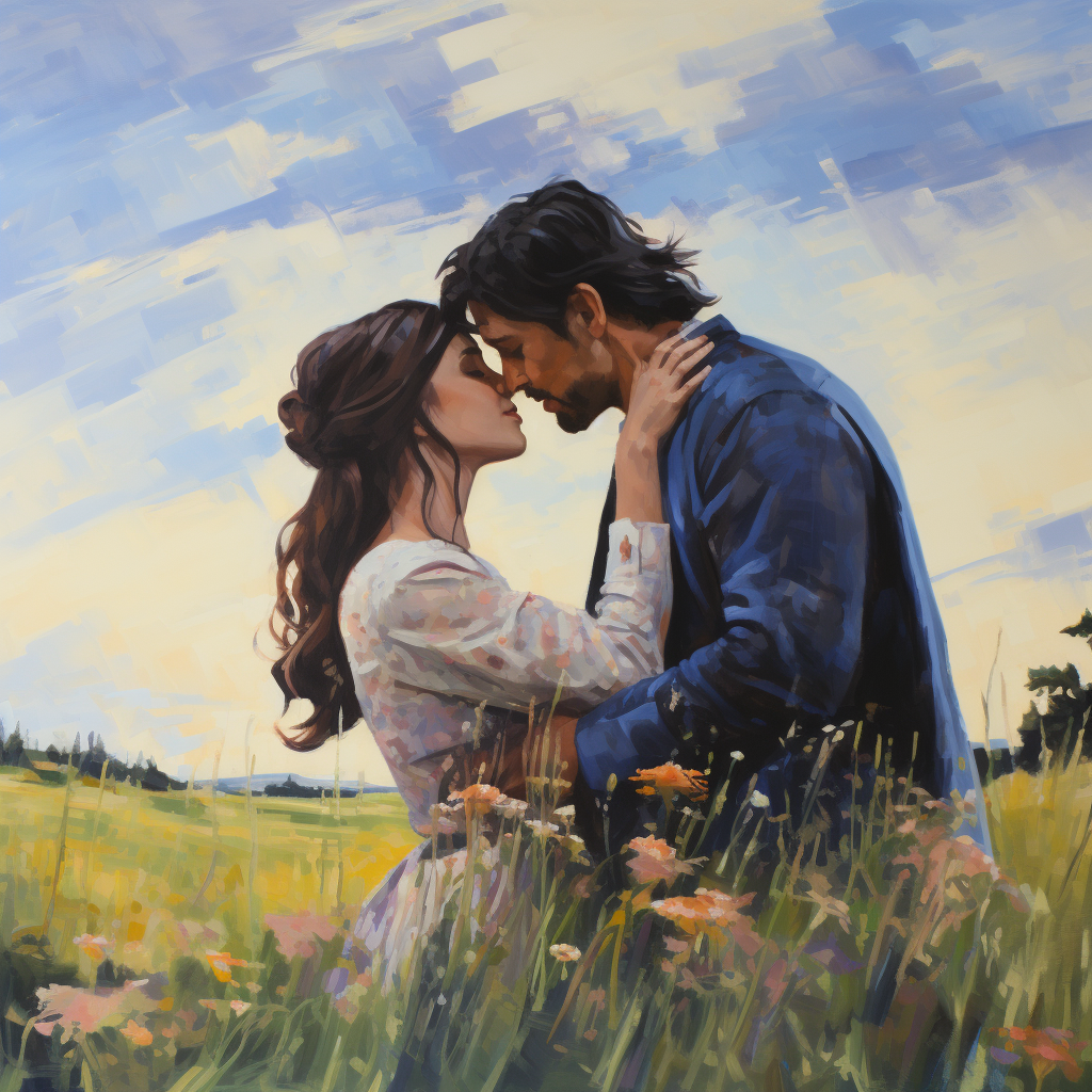 Loving couple kisses in meadow