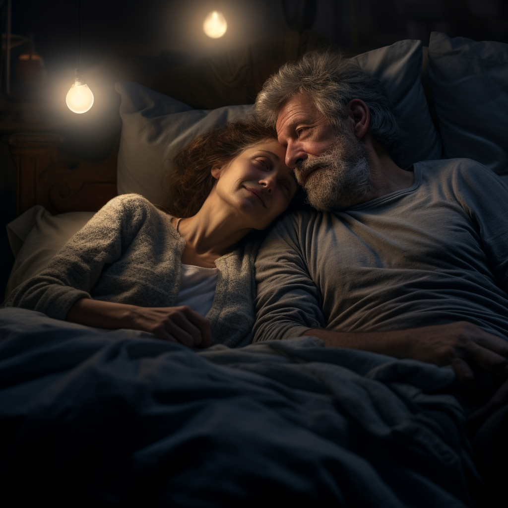 Couple Man Woman 55 Years Old Bed Awake Snoring Night Lighting