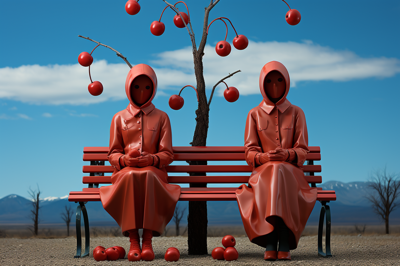 Couple sitting on bench with red tomato heads