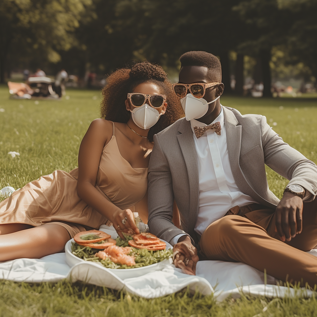 Couple on picnic date wearing masks