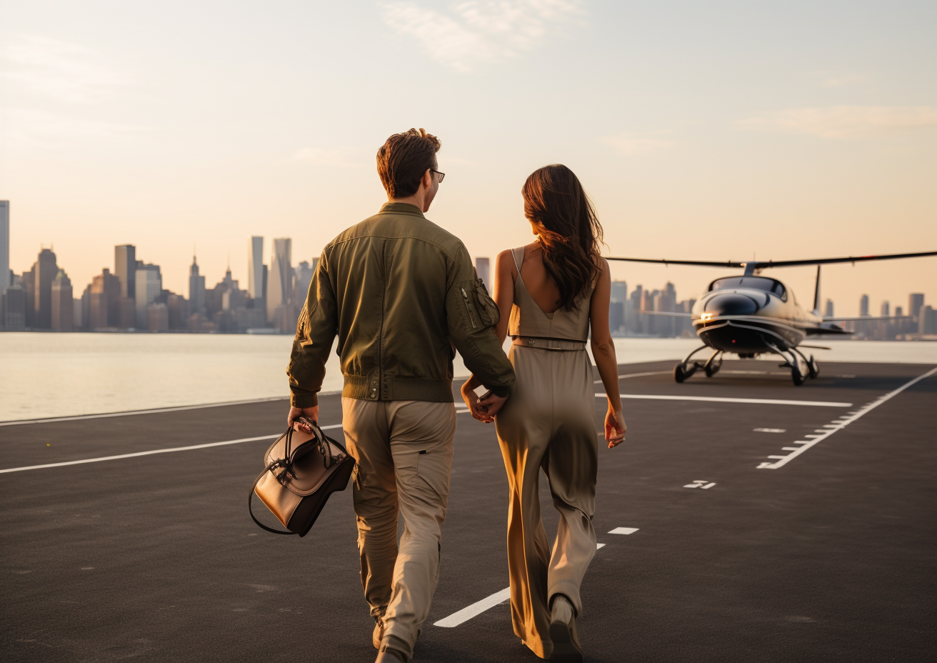 Happy couple pilots holding helmets