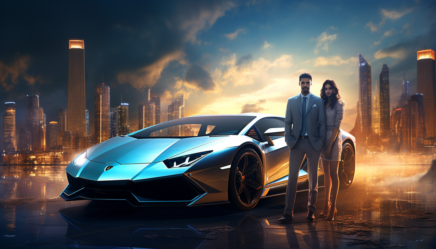 Couple posing with Lamborghini in city