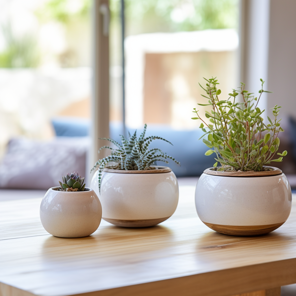 Two potted plants on a table (max 6 words)