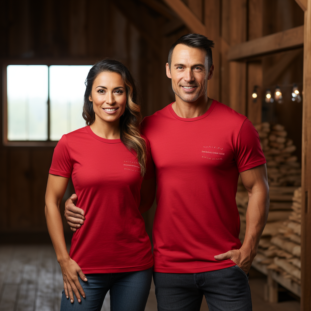 Couple wearing red t-shirts in farmhouse Christmas scene