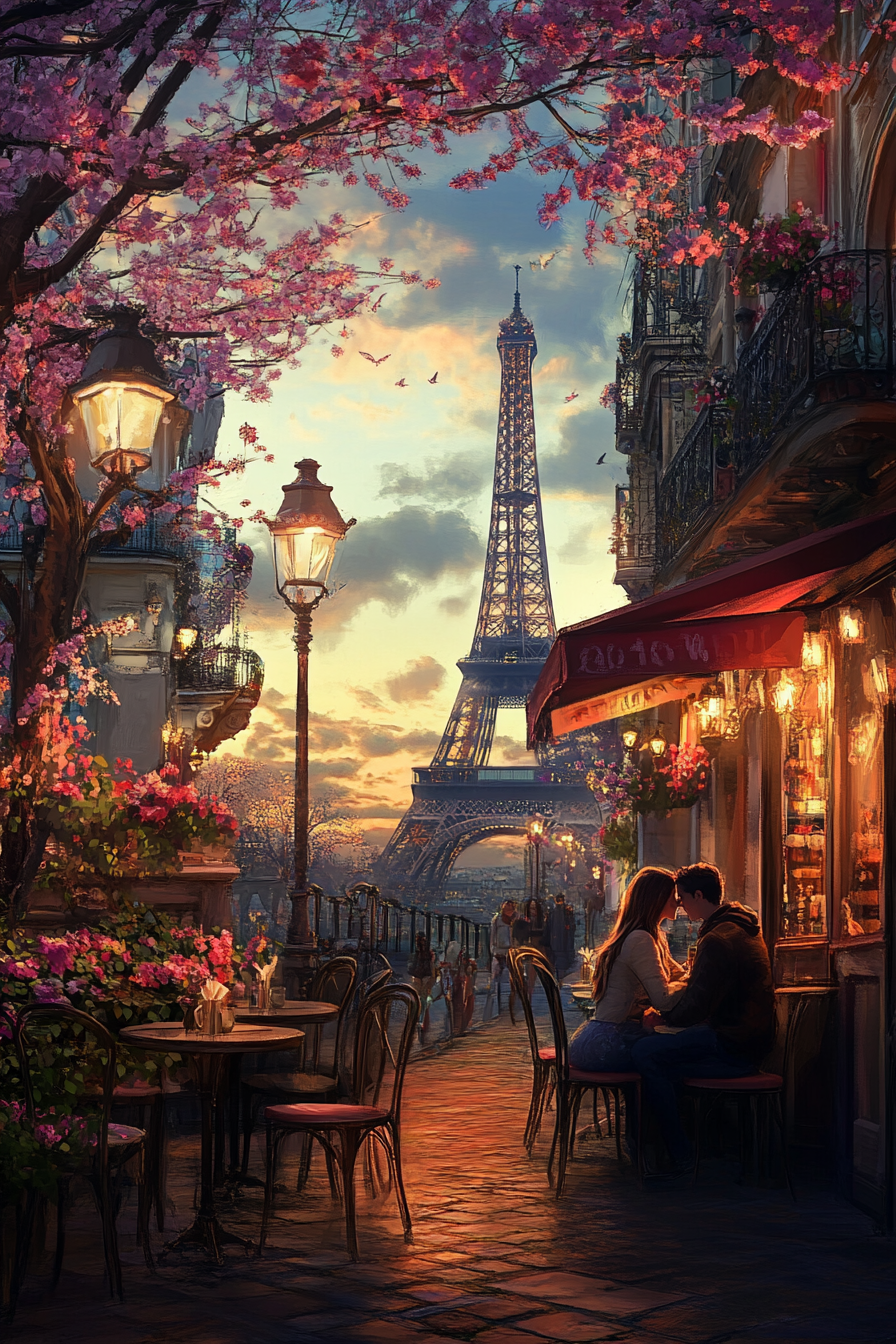 couple sipping coffee outside Parisian café with Eiffel Tower view.