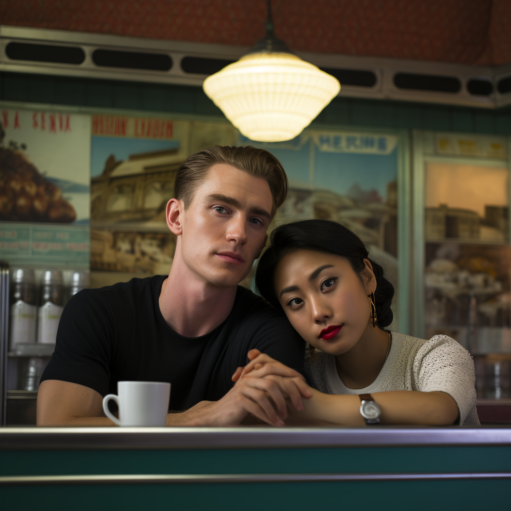 Asian woman with white man at diner