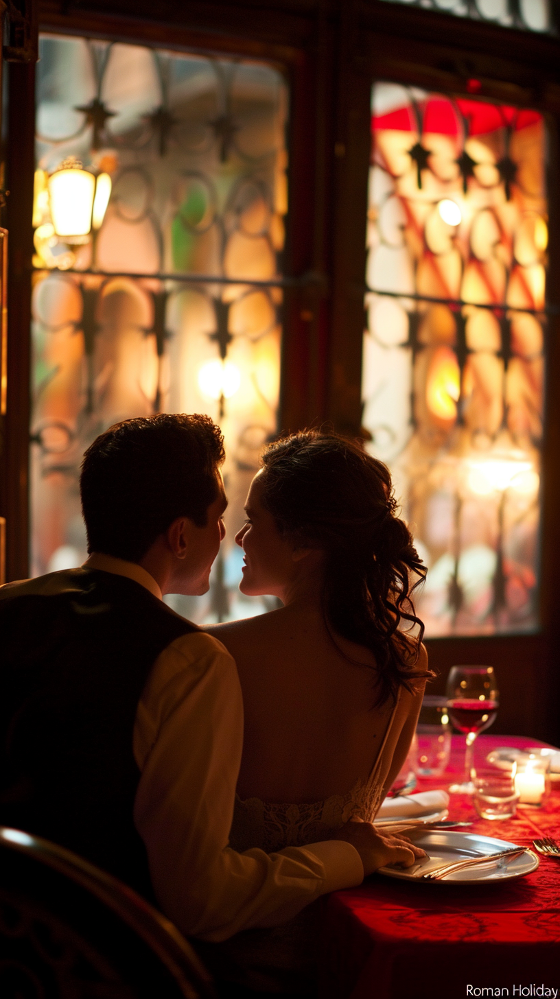 Couple in Italian restaurant with red and white tablecloth in Rome