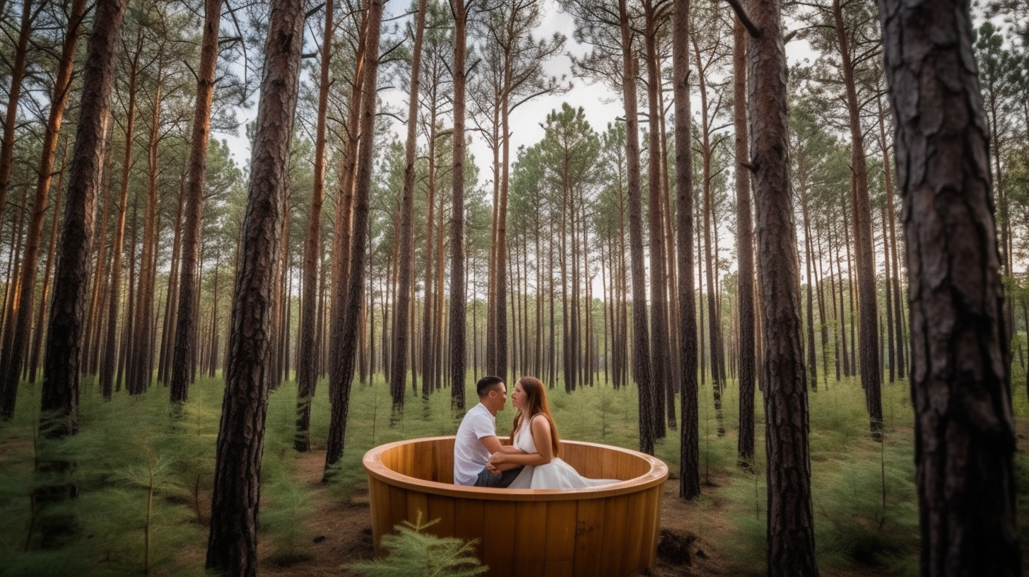 Couple enjoying outdoor bathtub surrounded by pine forest