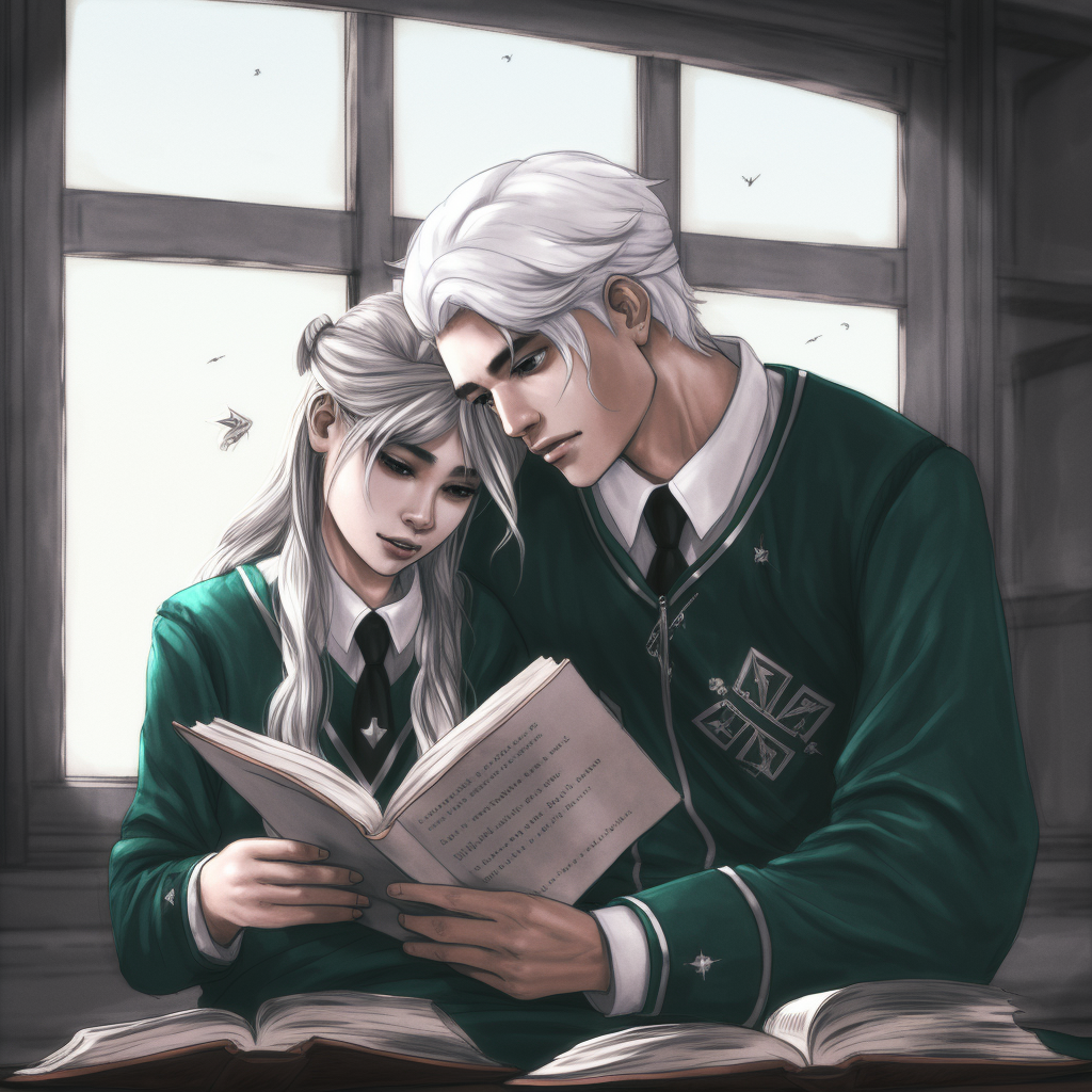 Couple in Slytherin Uniform reading together