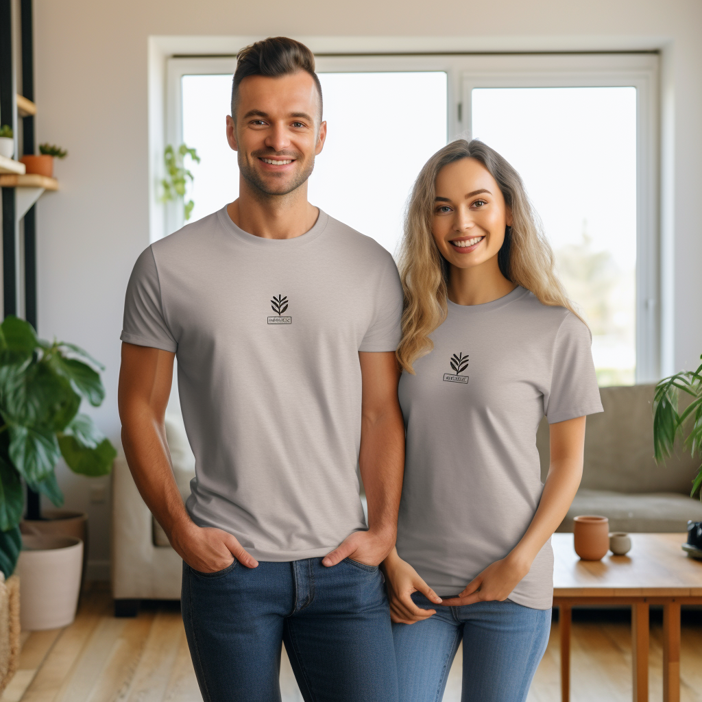 Couple wearing sport gray t-shirts in farmhouse livingroom