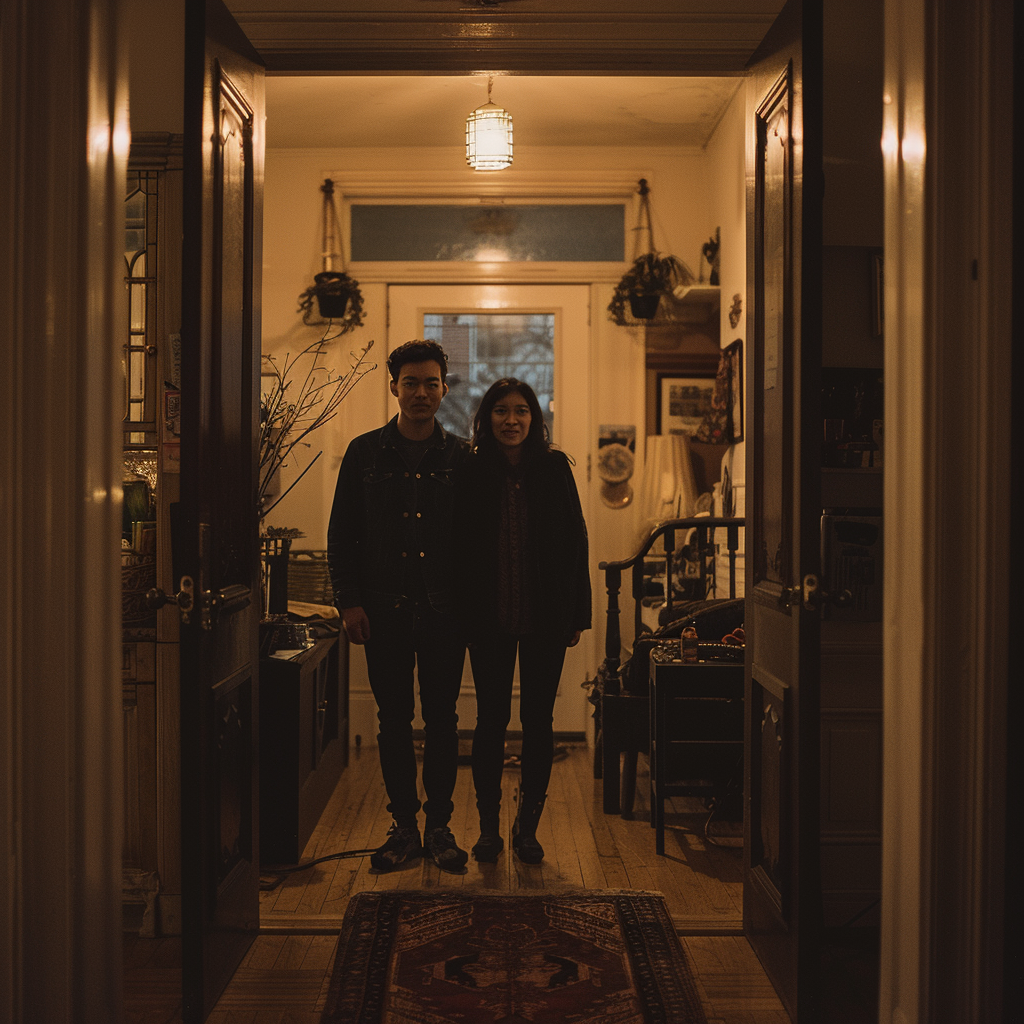 couple standing open front door