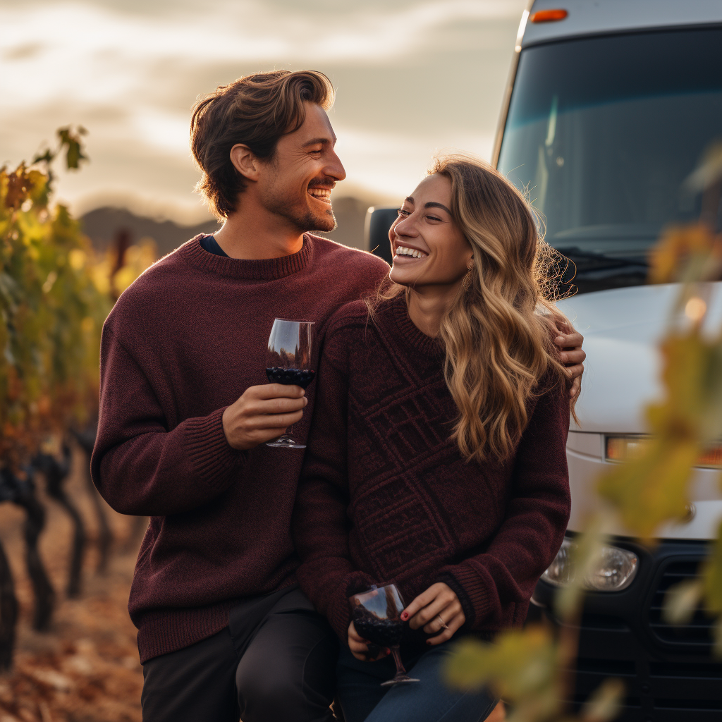 Couple drinking wine surrounded by grapevines