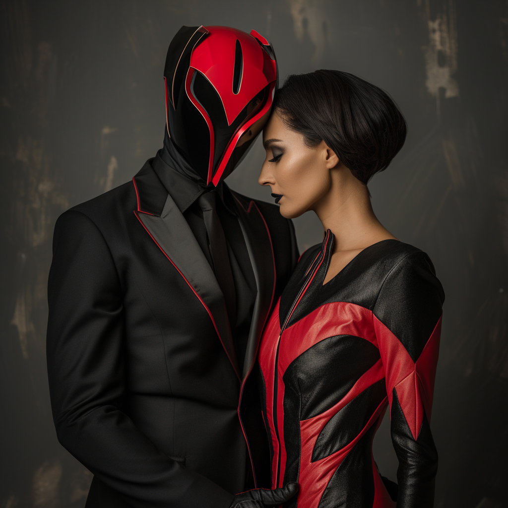 Couple with Symbol Mask and Black and Red Suit in Studio