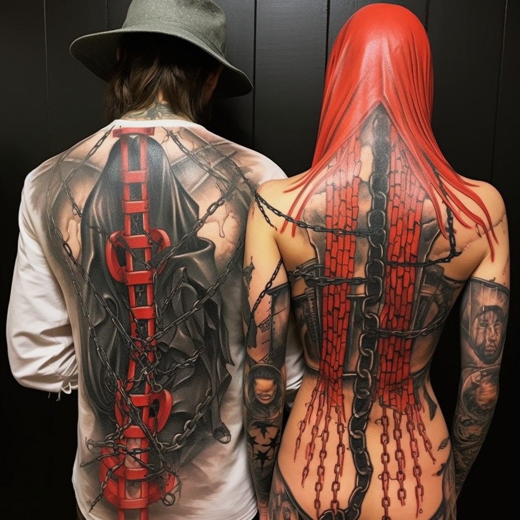 Couple tattoo with insane asylum strait jacket