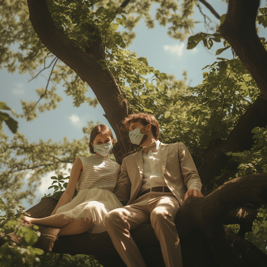 Couple wearing medical mask in tree