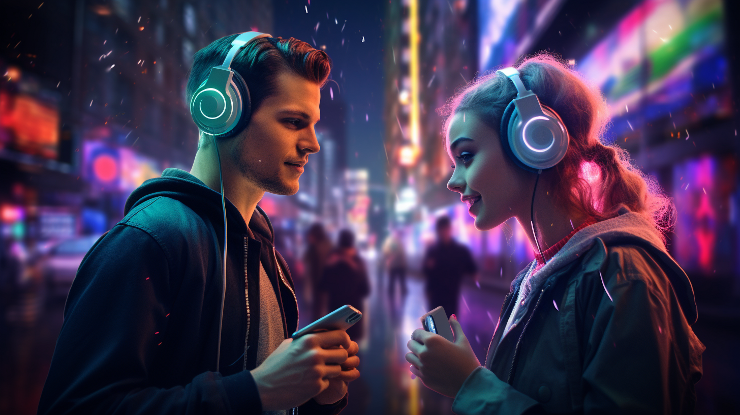 Happy couple walking on street enjoying music