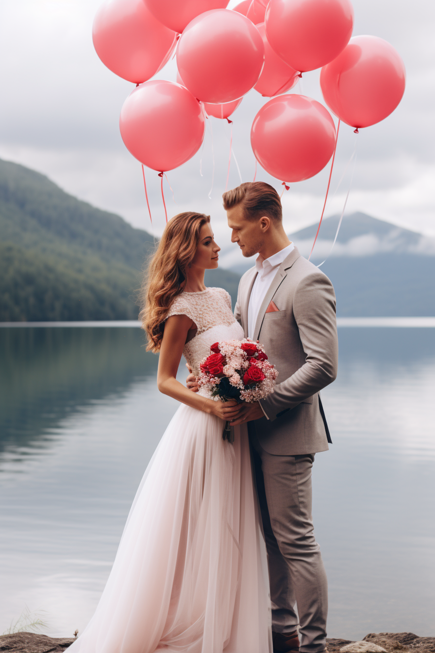 Couple at Lakeside with Colorful Balloons