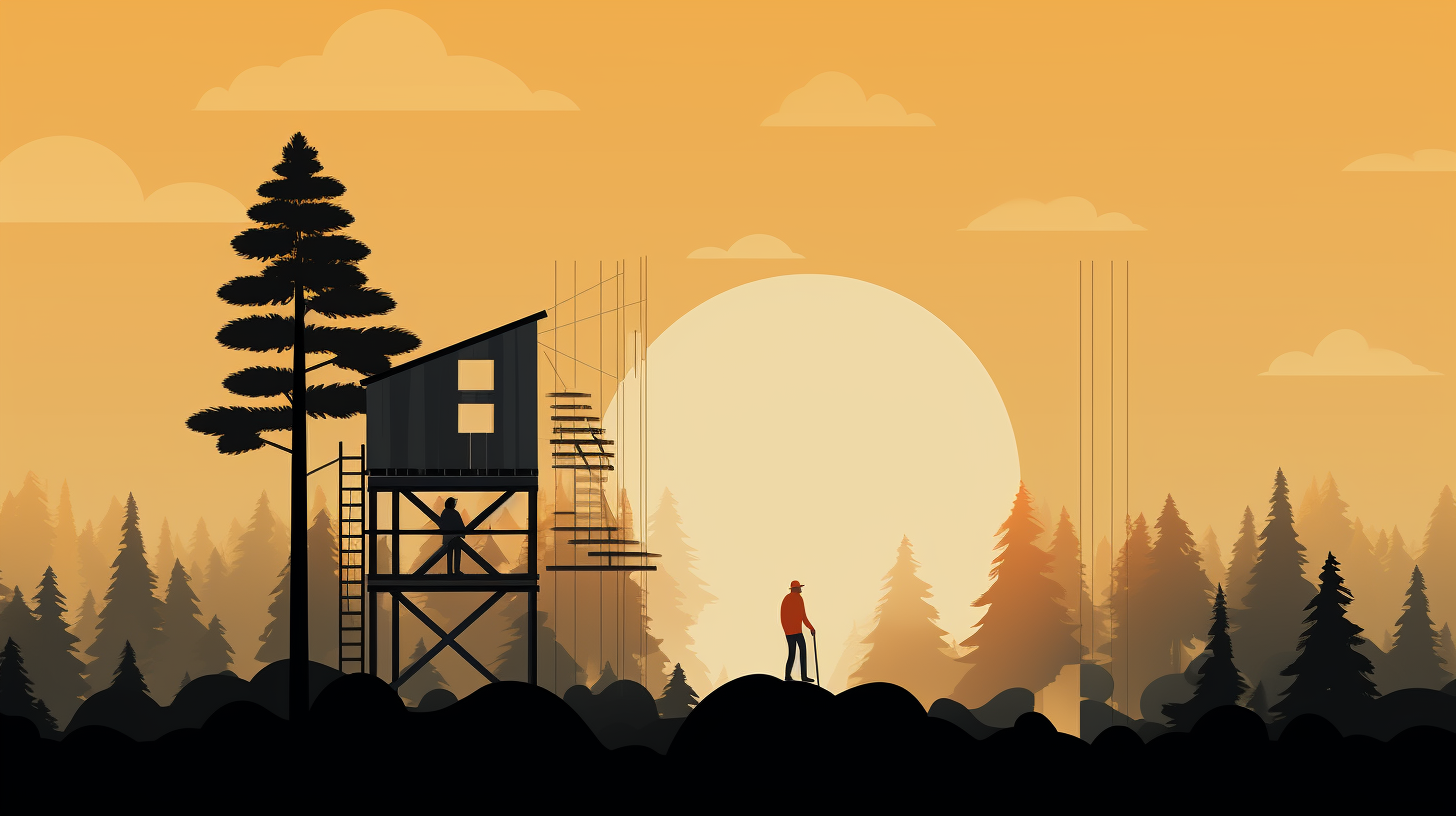 Minimalistic illustration of couple building house in pine forest