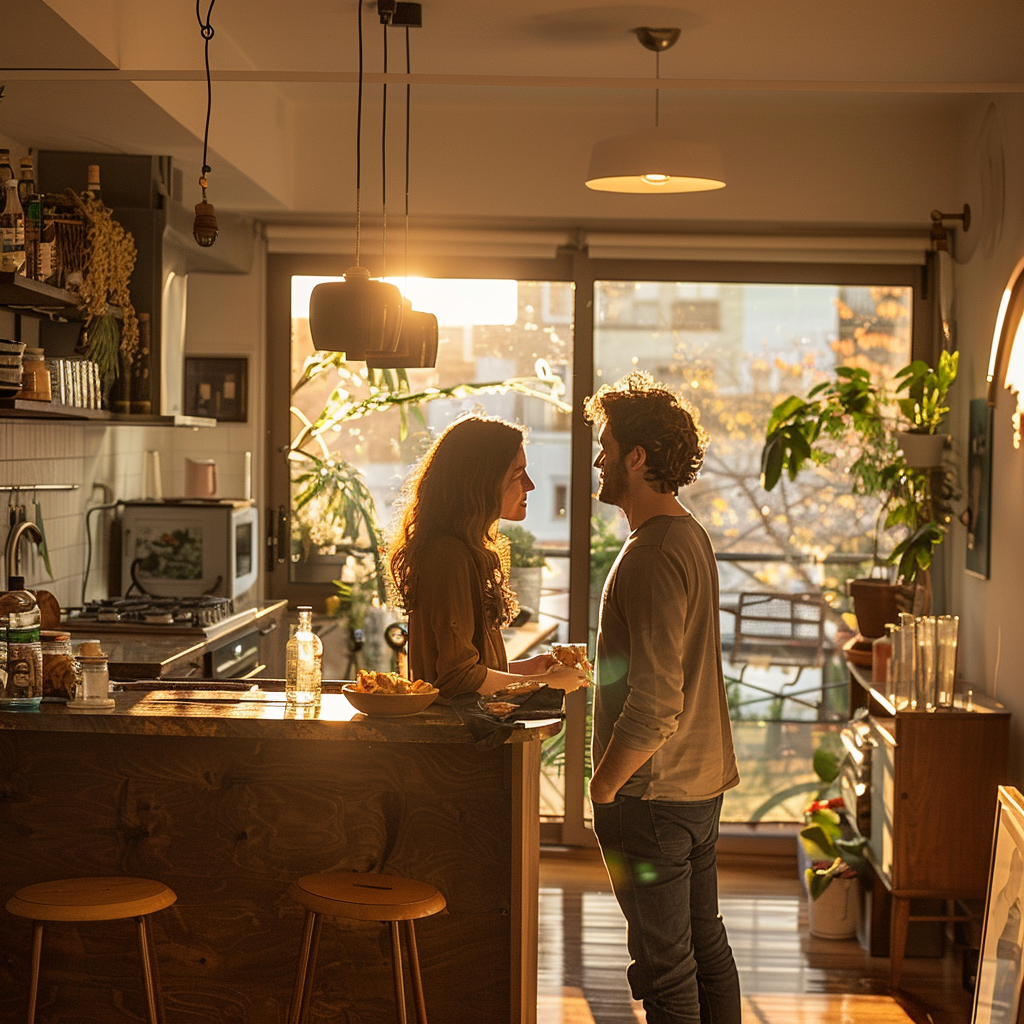 Couple at kitchen bar talking