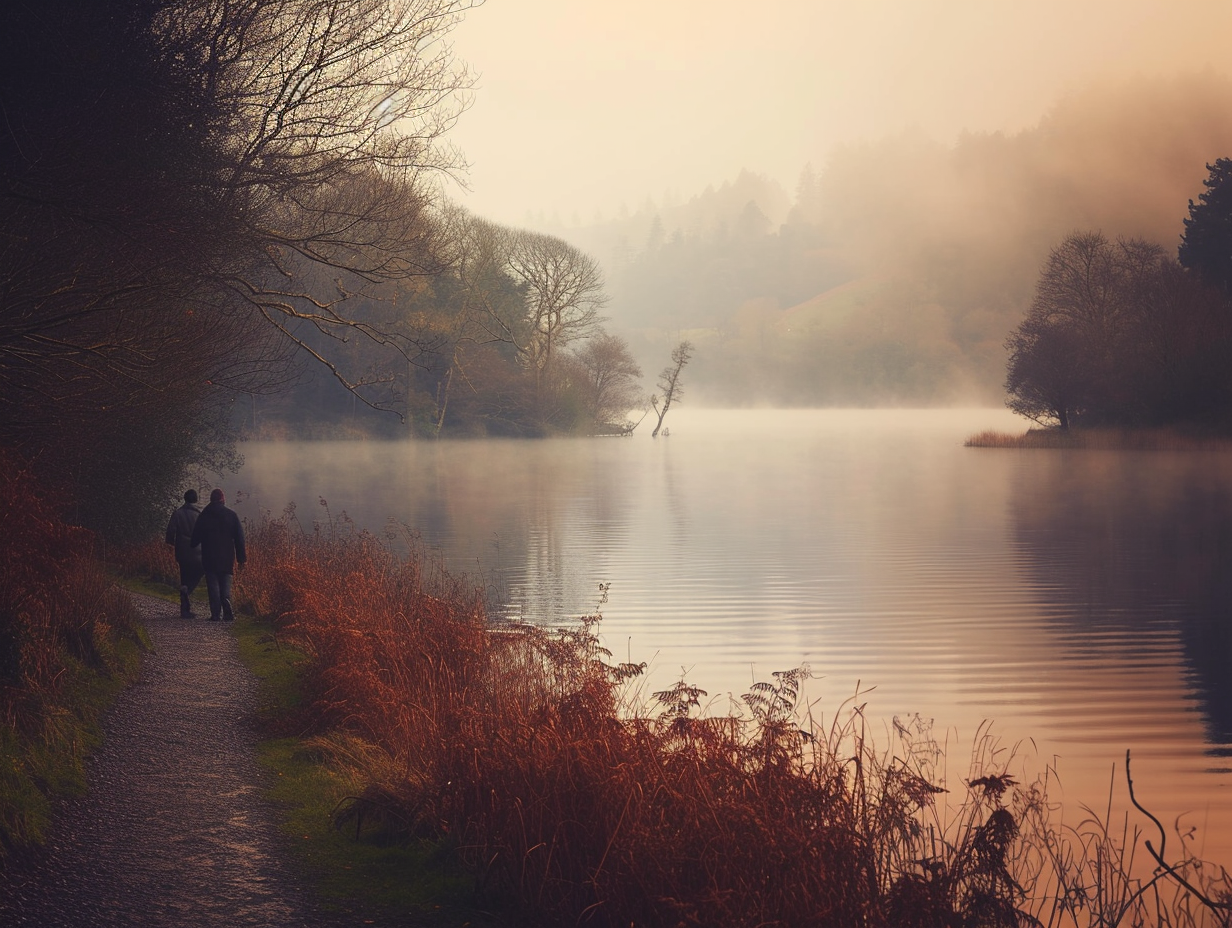 Couple Walking Along Misty Lake