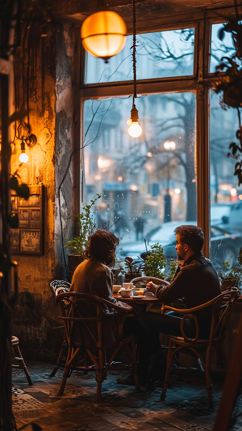 couple sitting at charming cafe table