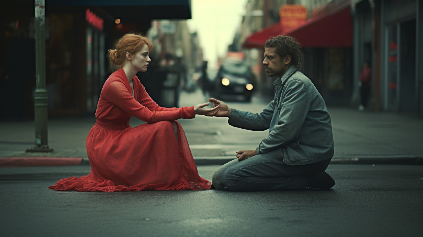 Couple street scene with hand gesture