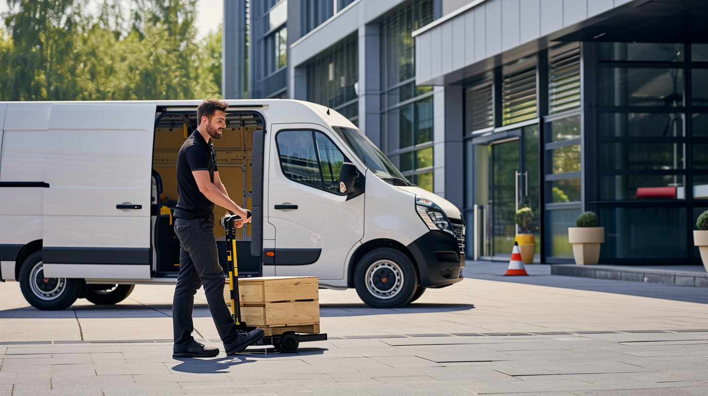 Courier loading van with pallet truck