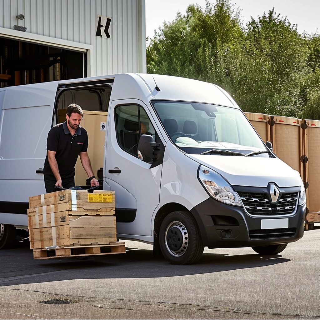 Courier loading white van with pallet truck