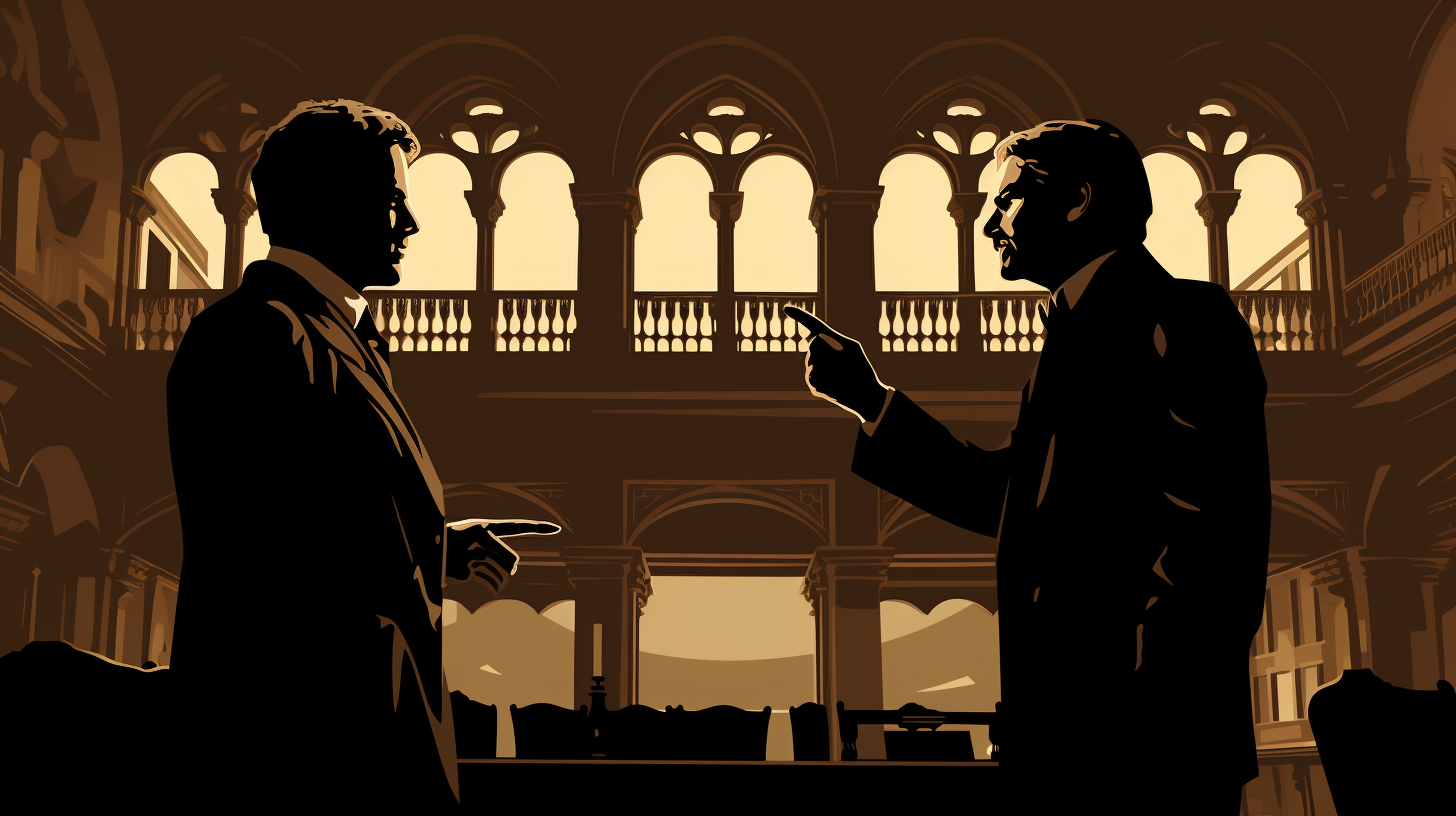 Silhouette of two advocates arguing in court