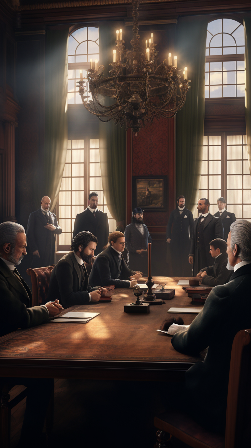 Lawyers and judges in 19th century courtroom