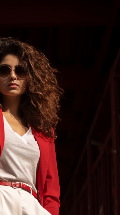 Pakistani Model in Red Pants, White Shirt, Red Coat with White Hand Bag