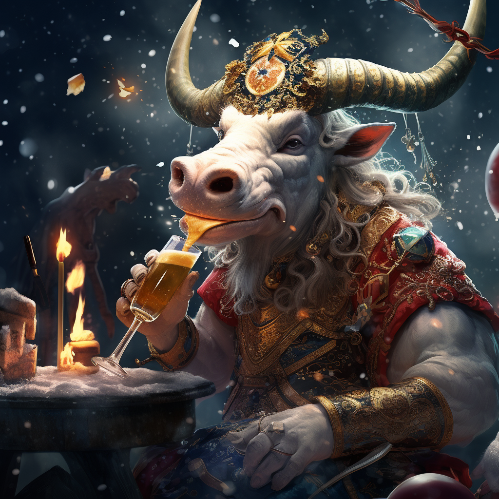 Cow drinking champagne with Asian dragon celebrating New Year