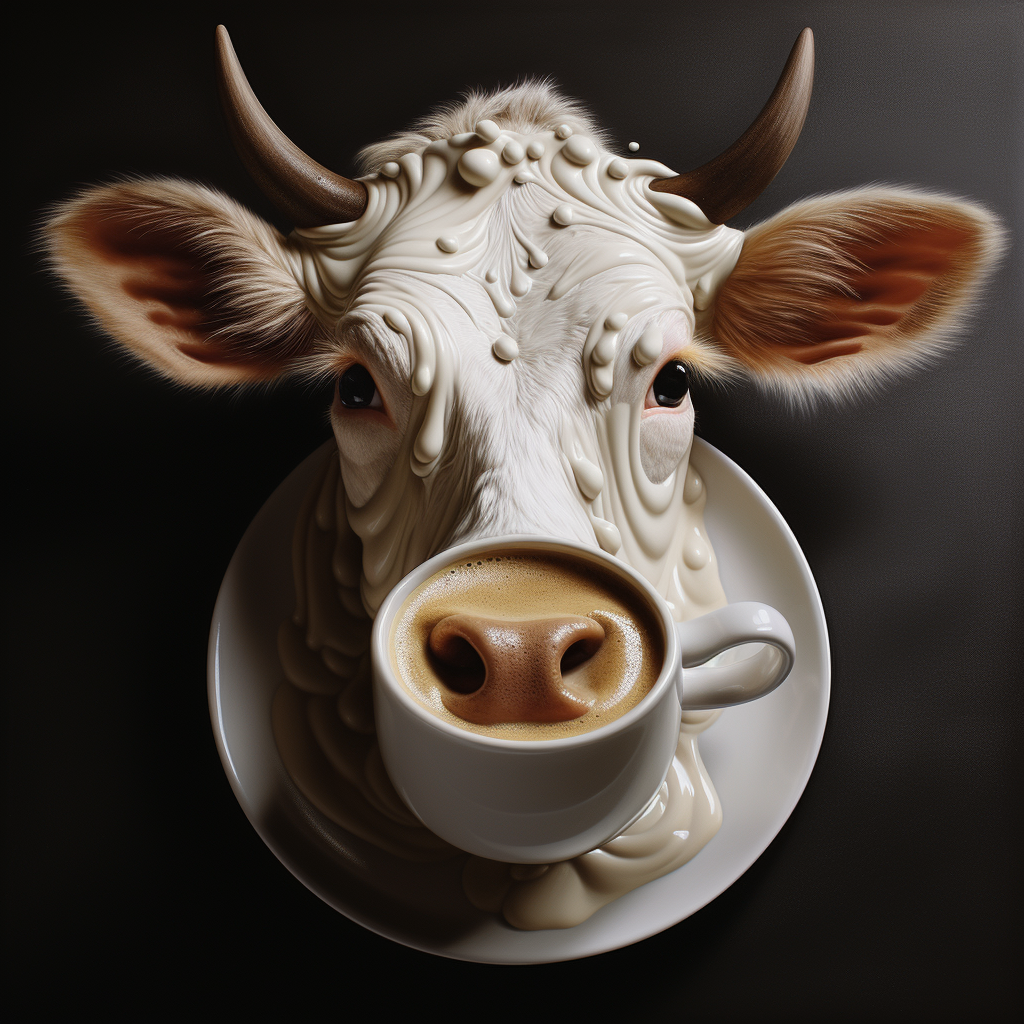 Surreal cow pouring coffee cream