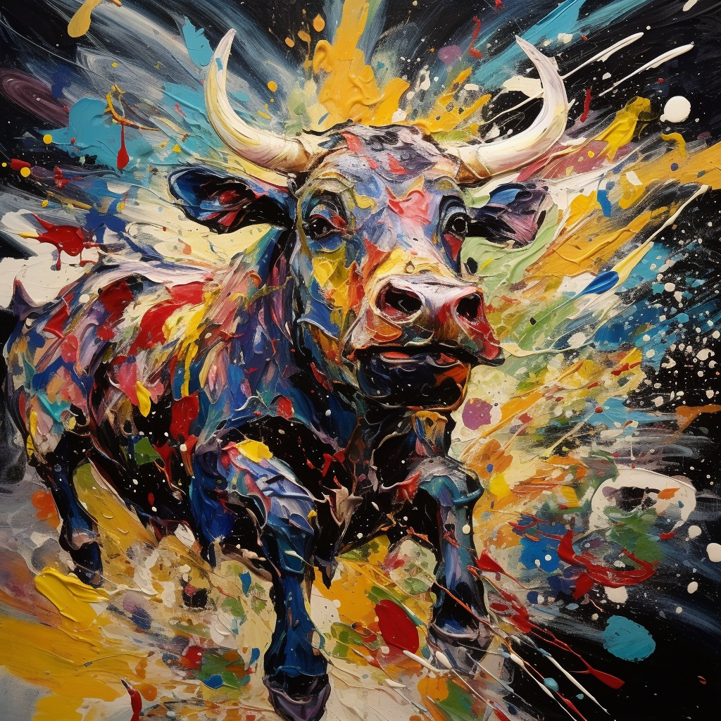 Cow emblem in chaotic and energetic scene