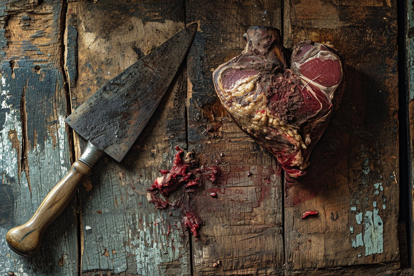 Image of a cow heart with butcher cleaver