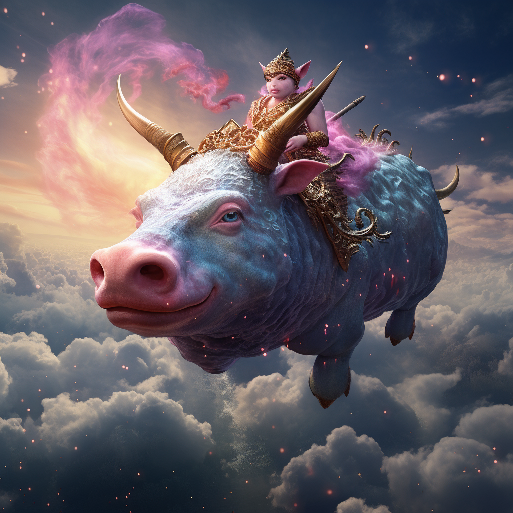 Cow riding carp above clouds