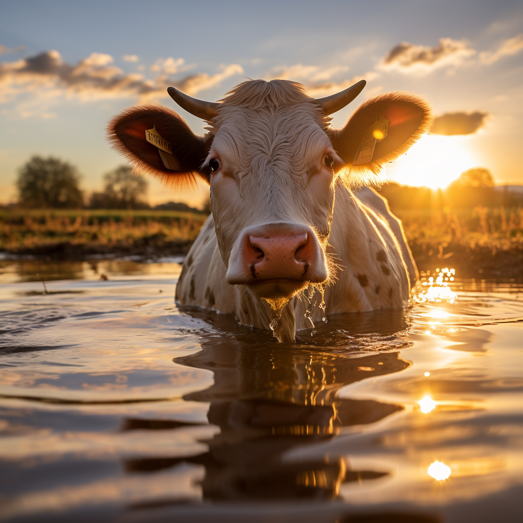 Cow reflection in farm pond at sunset