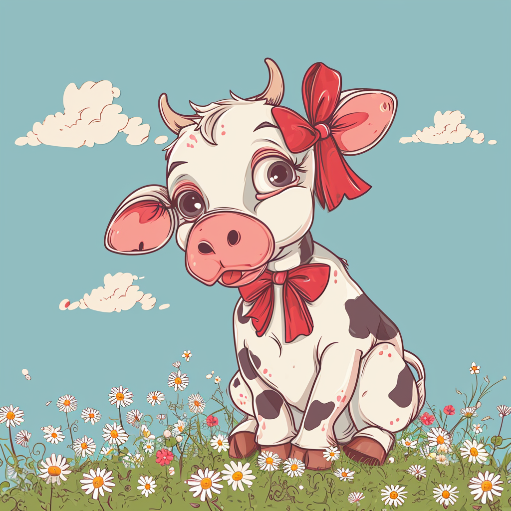 Funny cow with attitude on daisy field