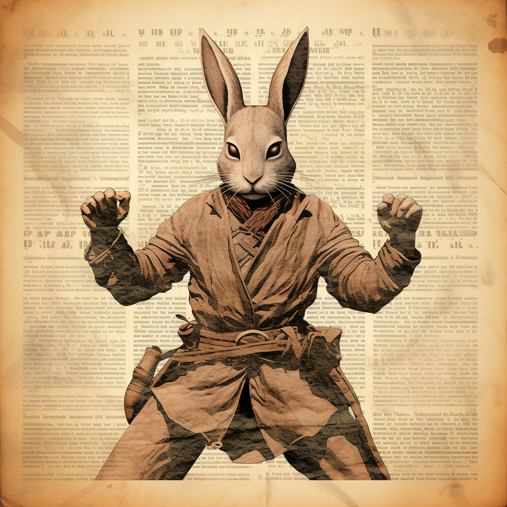 Anthropomorphic bunny man dressed as cowboy fighting monk