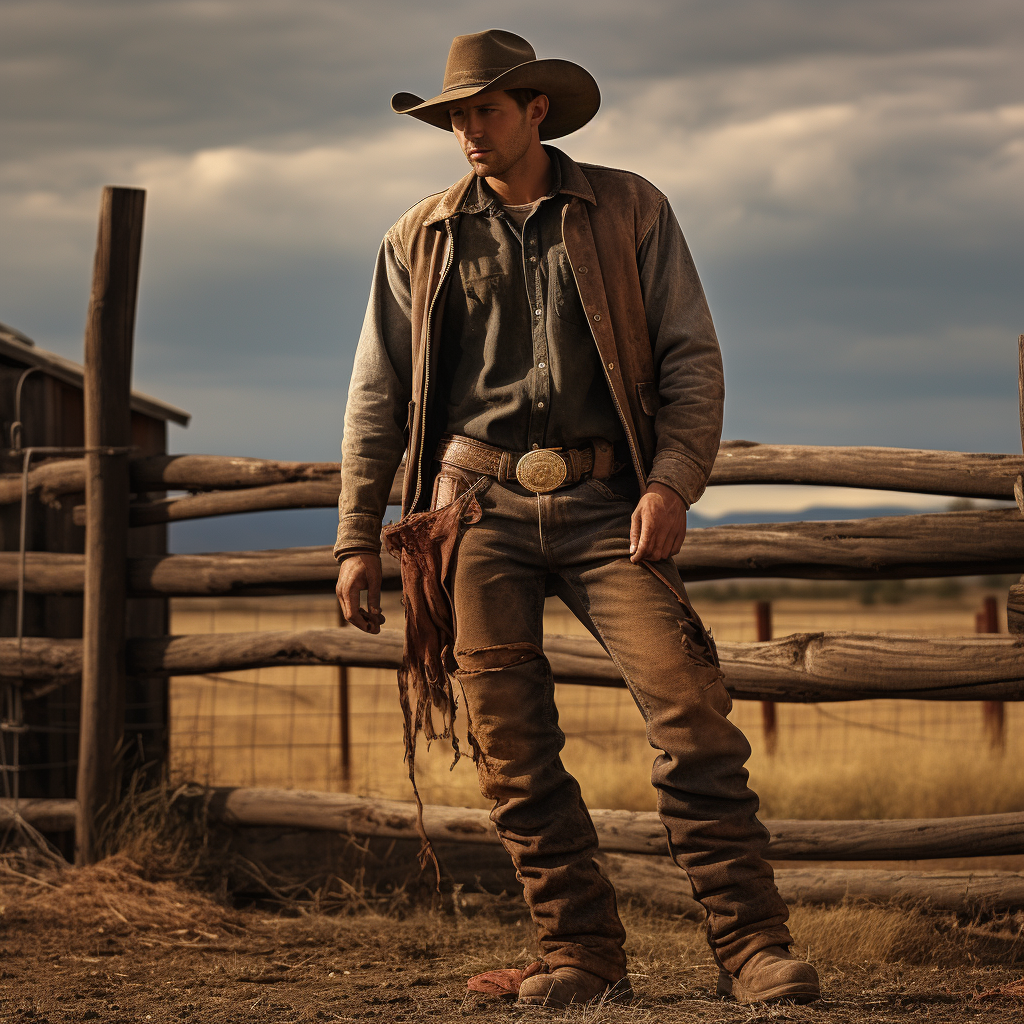 Cowboy in denim jeans and plad shirt with leather chaps