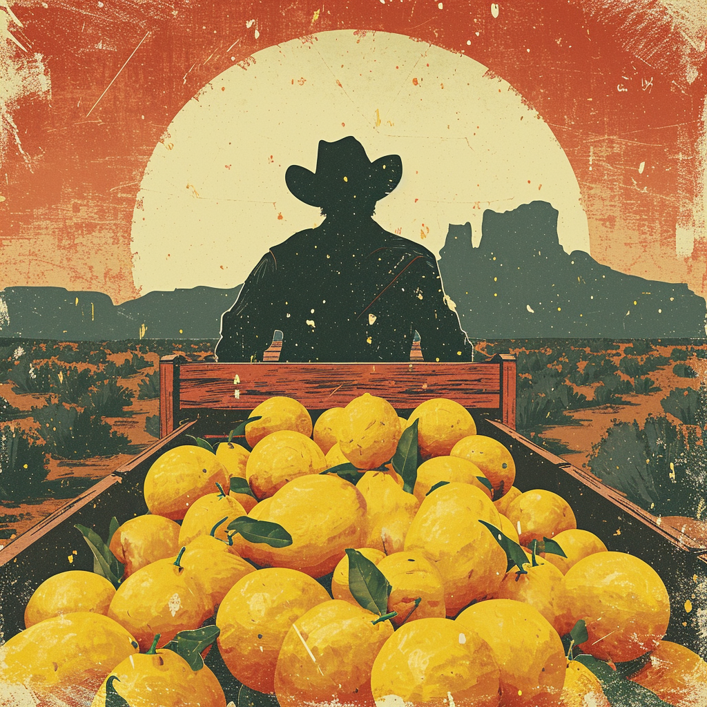 Cowboy driving wagon with lemons