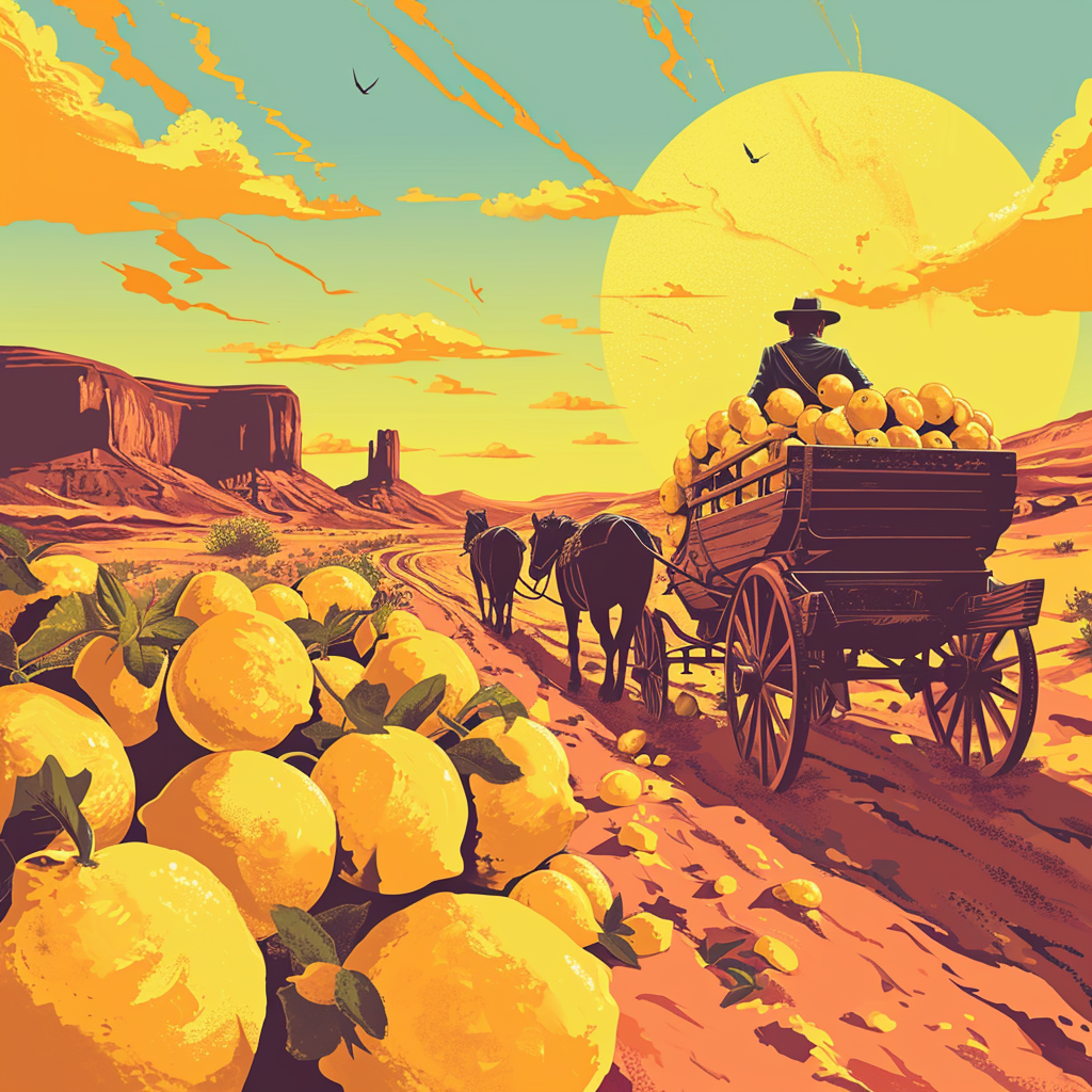 Cowboy driving wagon with horses and lemons