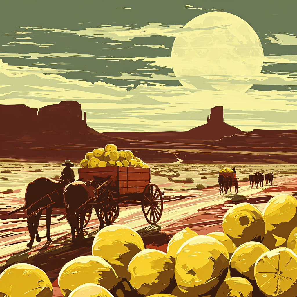 Cowboy driving wagon with lemons in western desert