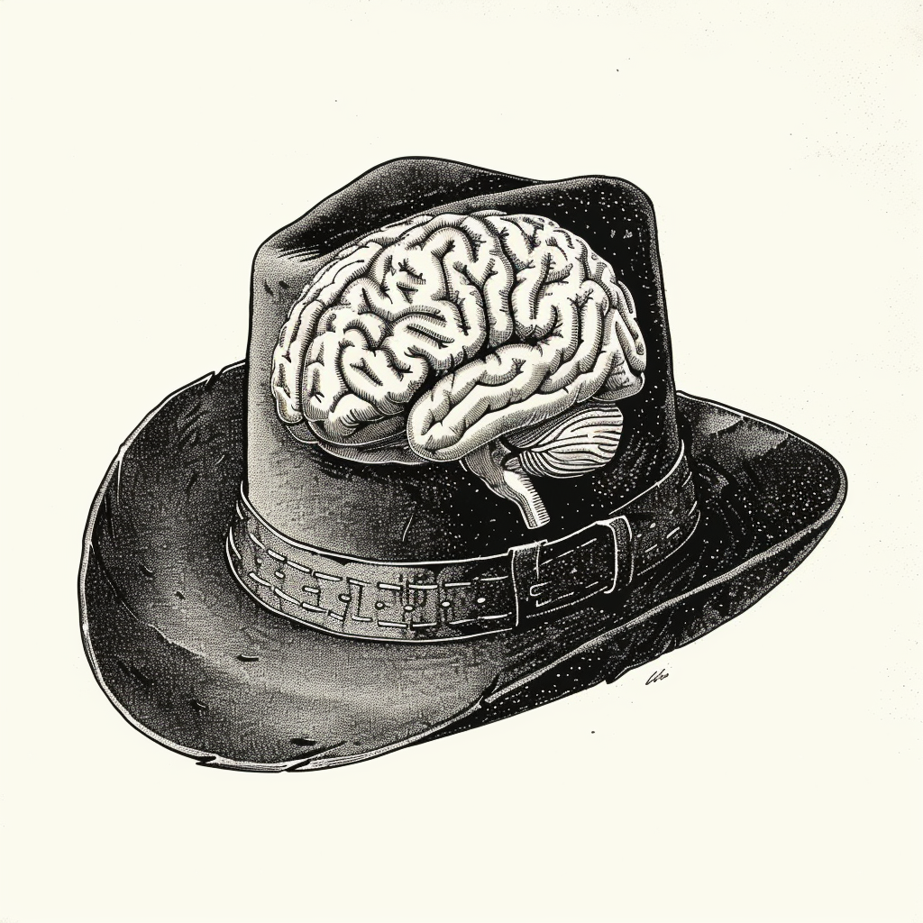 Brain inside cowboy hat drawing