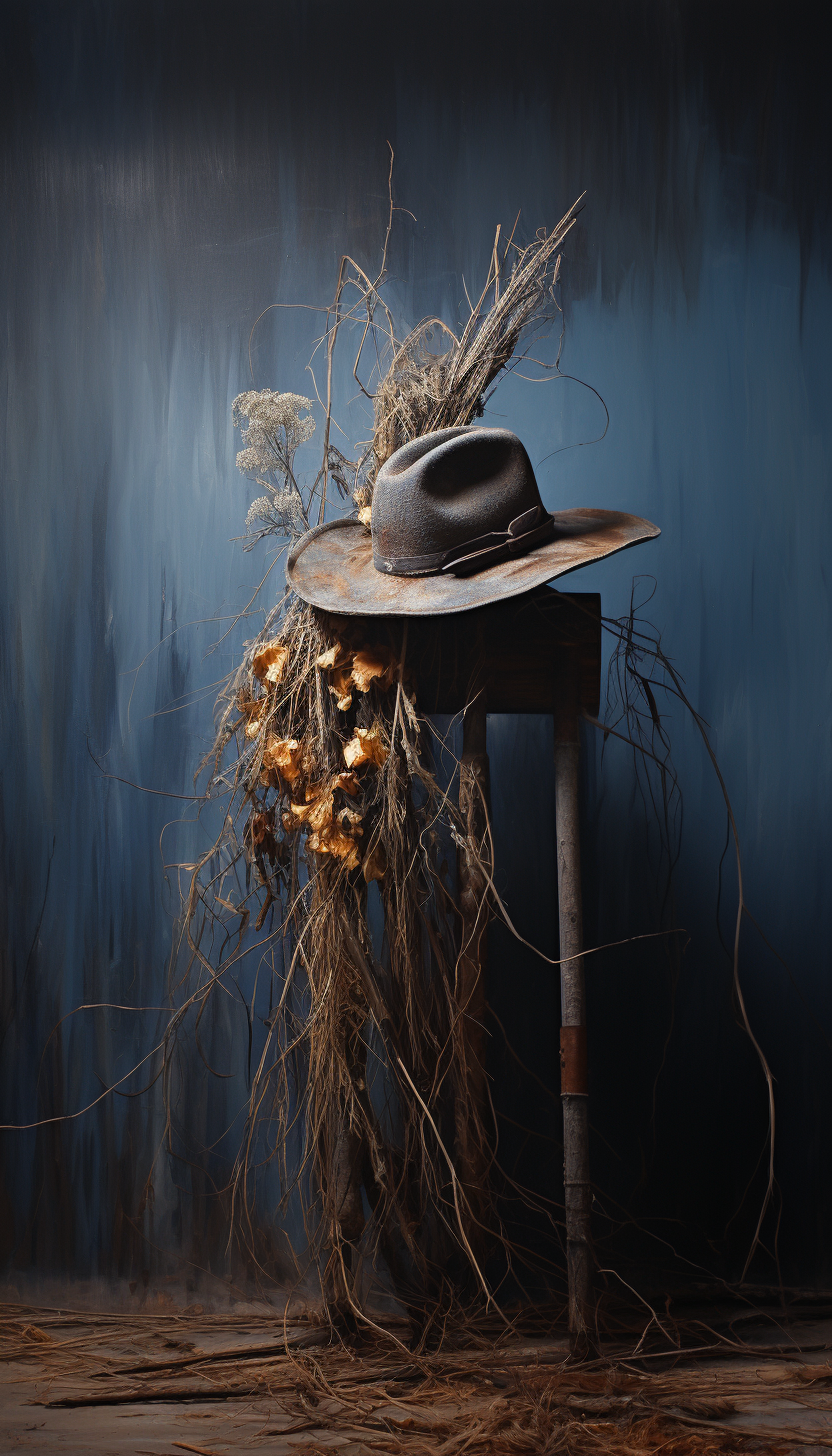 Dark style cowboy hat, rope, wilted flowers, gun